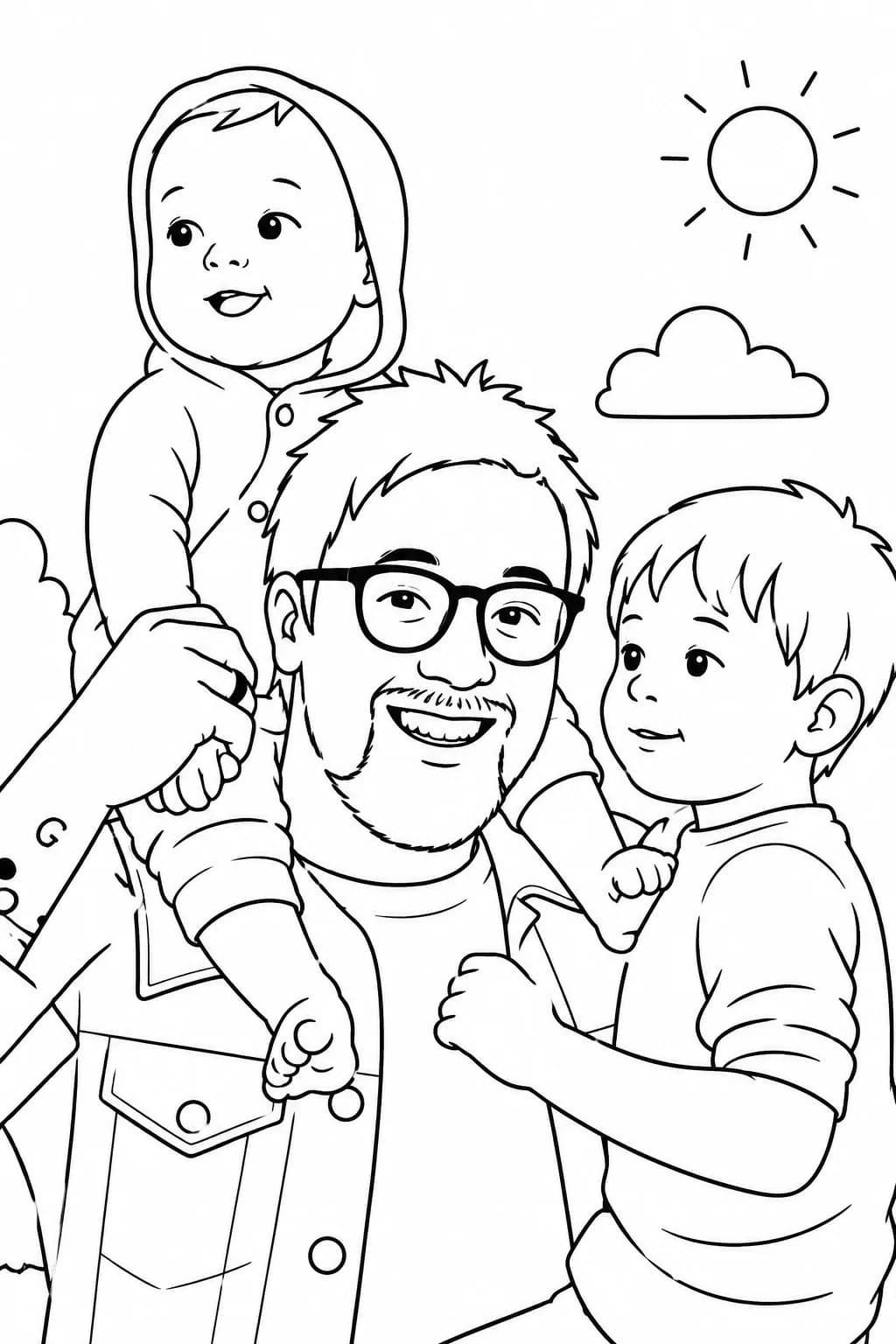 Le papa, le bébé et le grand frère redessinés au trait, page de coloriage pour un cadeau de naissance