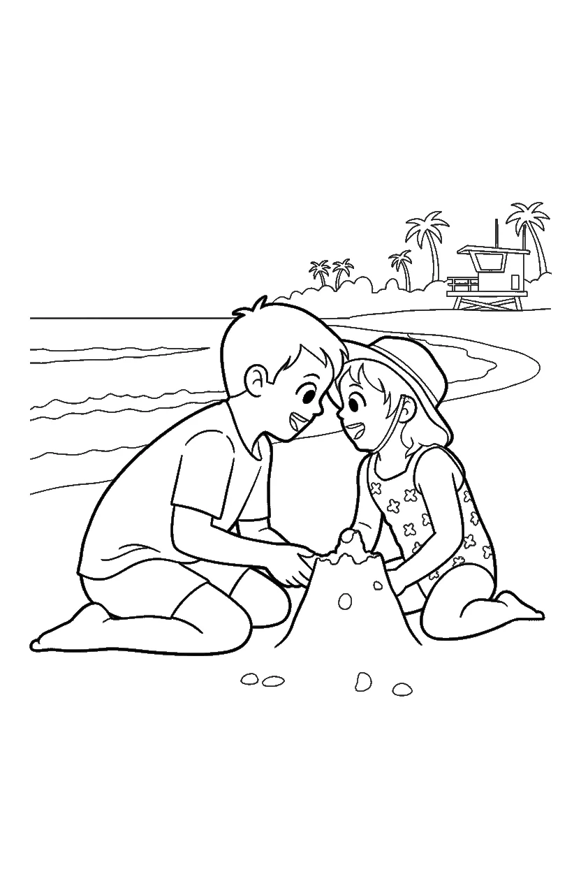 La scène de plage redessinée au trait, type de page d'un livre de coloriage de couple
