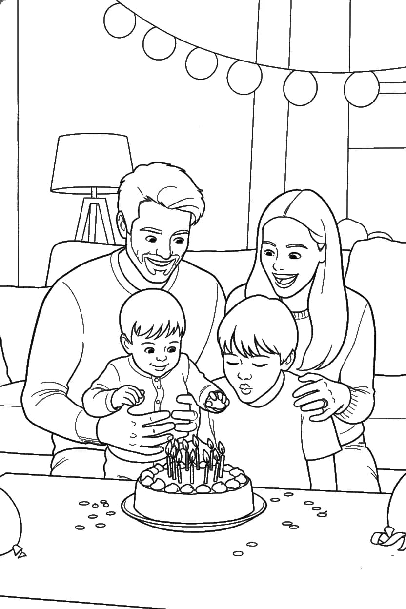 Le gâteau d'anniversaire et la famille redessinés au trait, page de coloriage pour un anniversaire d'enfant