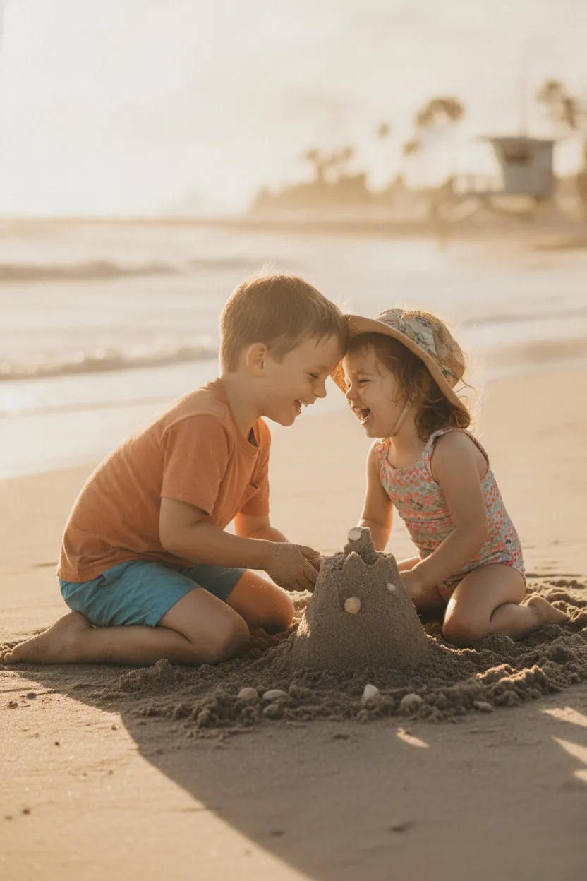 Exemple de photo de plage : deux enfants construisent ensemble un château de sable