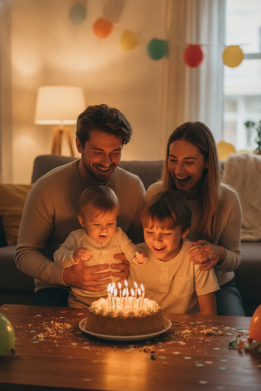 Exemple de photo d'anniversaire d'enfant : deux enfants soufflent les bougies avec leurs parents