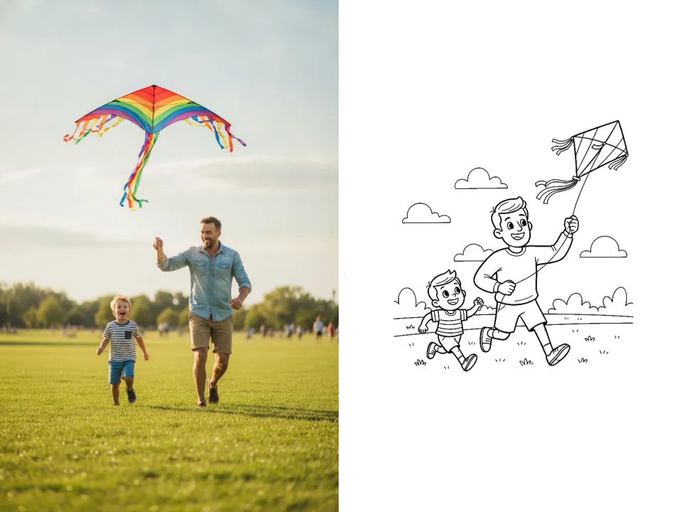 Exemple de photo d'un papa et de son fils au cerf-volant, à côté de la page de coloriage au trait obtenue