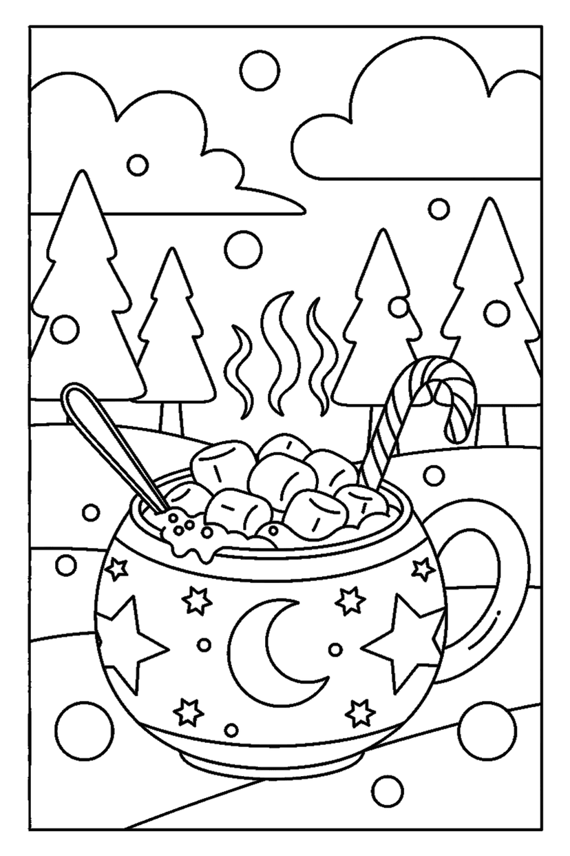 Coloriage à imprimer : Chocolat chaud et guimauves
