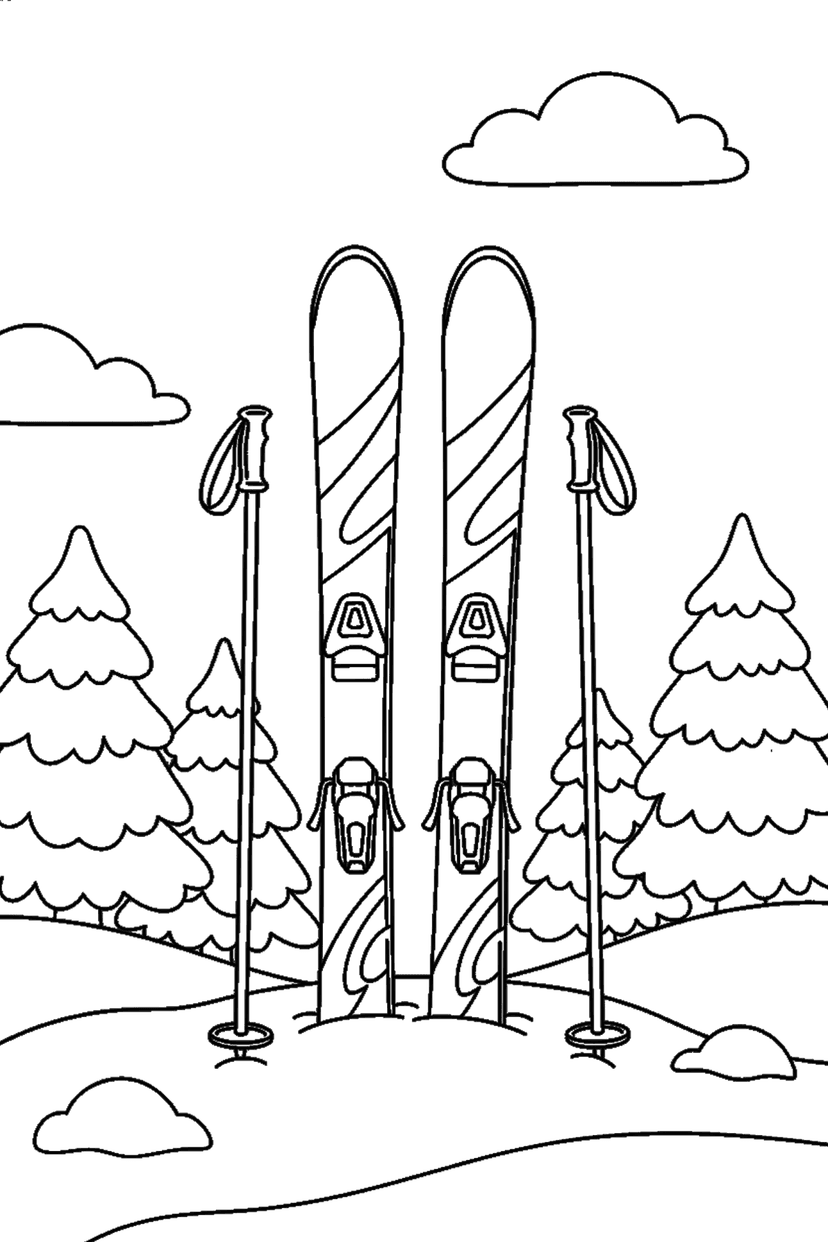 Coloriage à imprimer : Skis plantés dans la neige