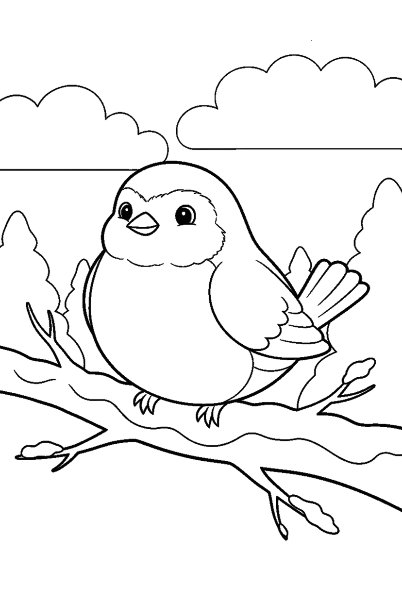 Coloriage à imprimer : Rouge-gorge sur une branche enneigée
