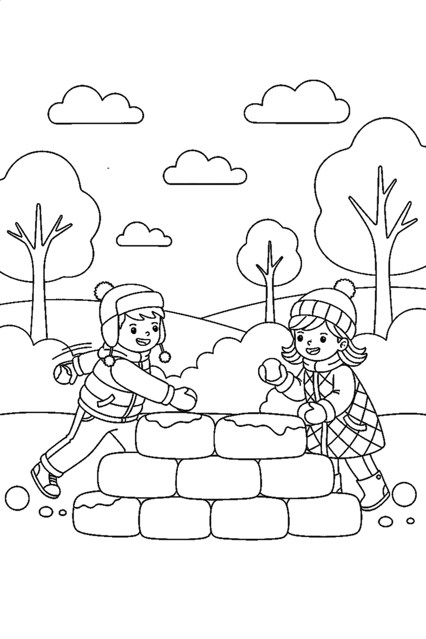 Coloriage à imprimer : Bataille de boules de neige
