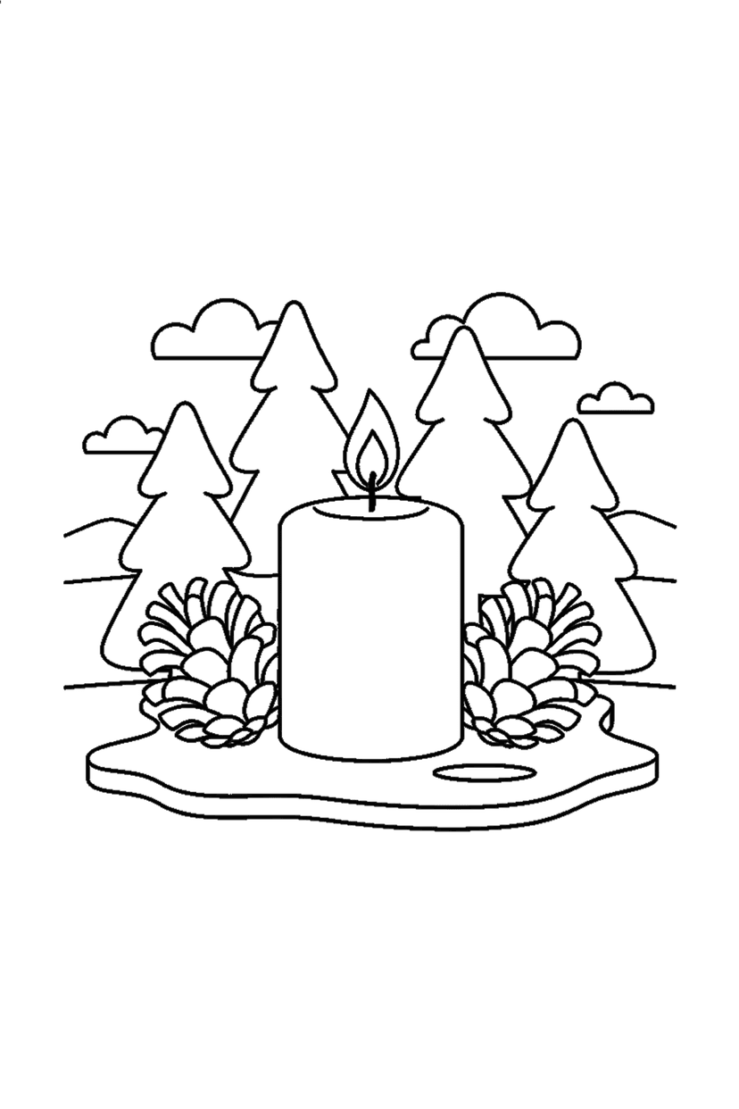 Coloriage à imprimer : Bougie et pommes de pin