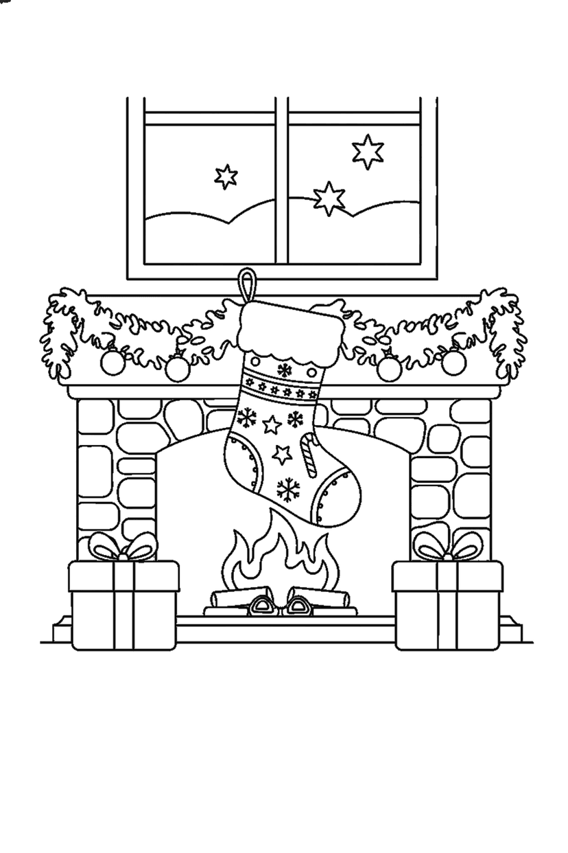 Coloriage à imprimer : Chaussette de Noël accrochée à la cheminée