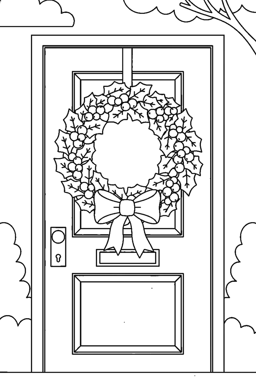 Coloriage à imprimer : Couronne de houx sur la porte