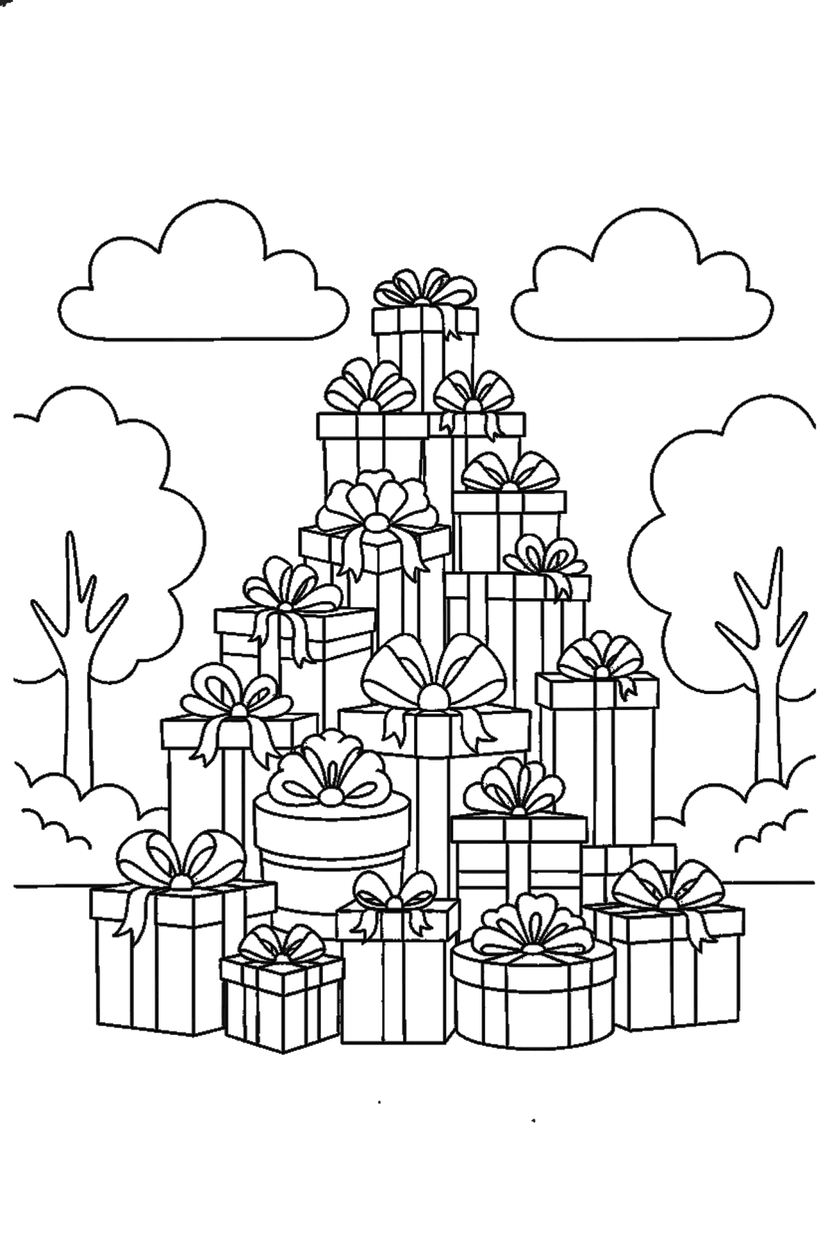 Coloriage à imprimer : Pile de cadeaux avec rubans et nœuds