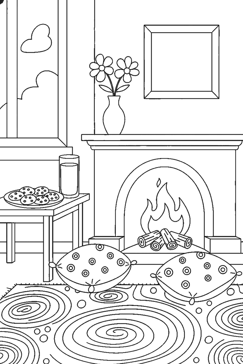 Coloriage à imprimer : Biscuits et verre de lait près de la cheminée