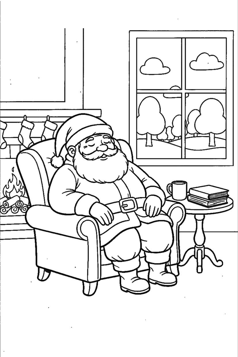 Coloriage à imprimer : Père Noël endormi dans son fauteuil