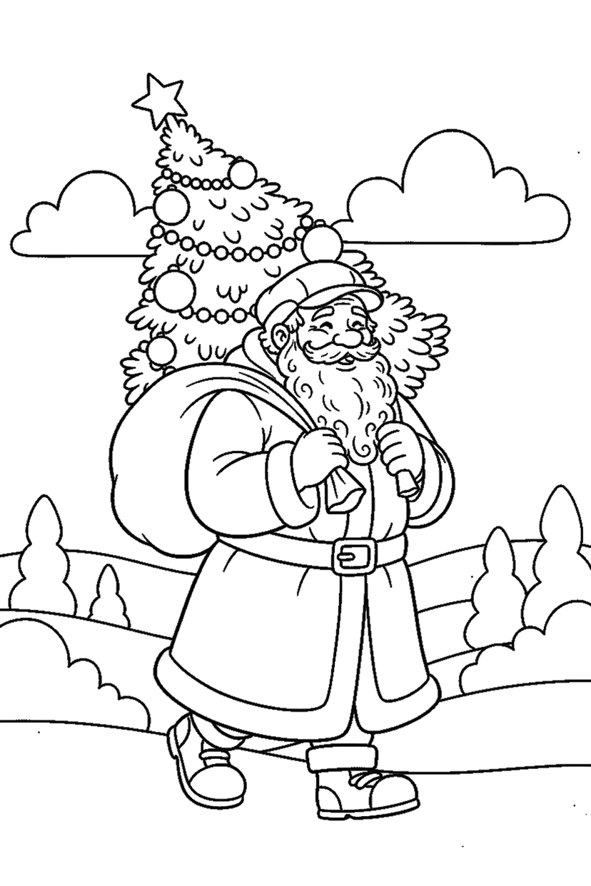 Coloriage à imprimer : Père Noël qui porte un sapin