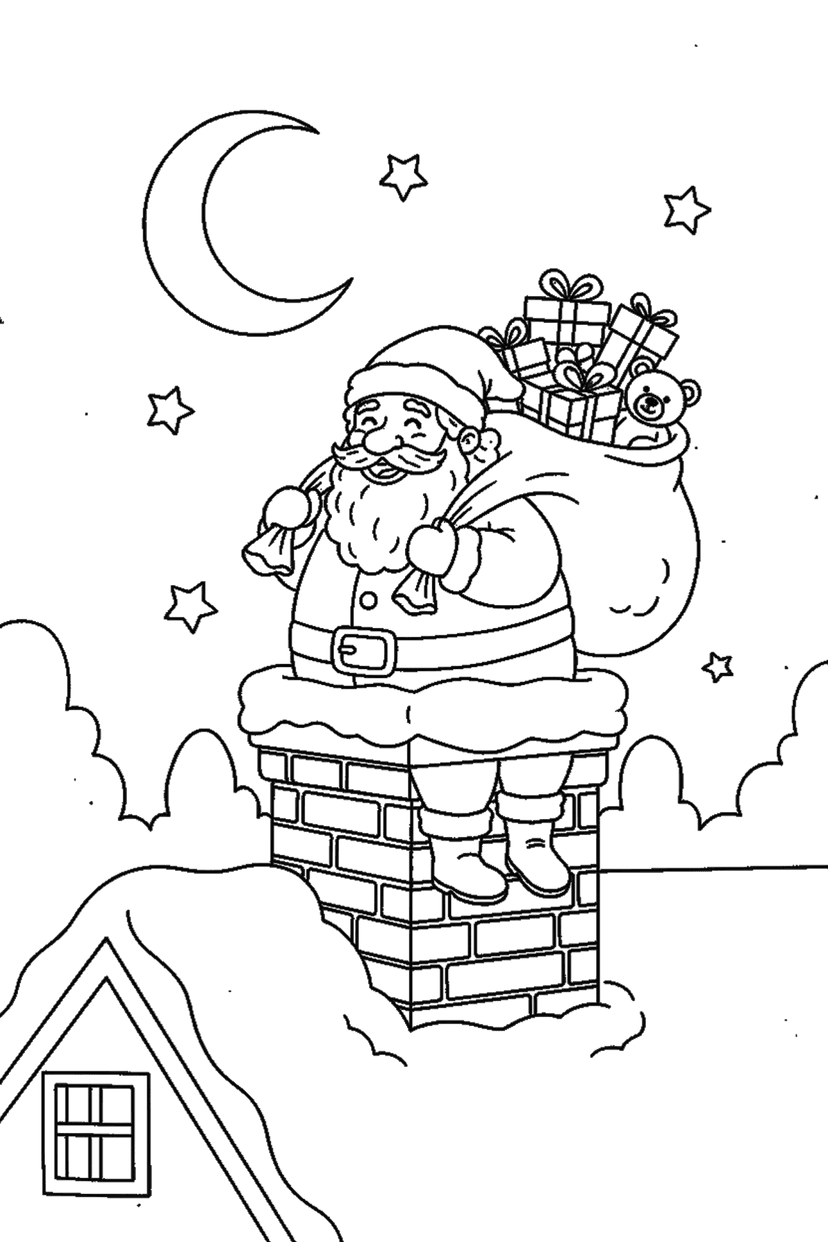Coloriage à imprimer : Père Noël qui descend par la cheminée