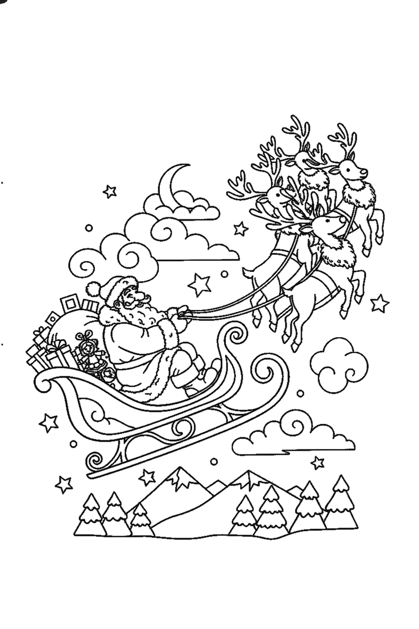 Coloriage à imprimer : Père Noël en traîneau dans la nuit