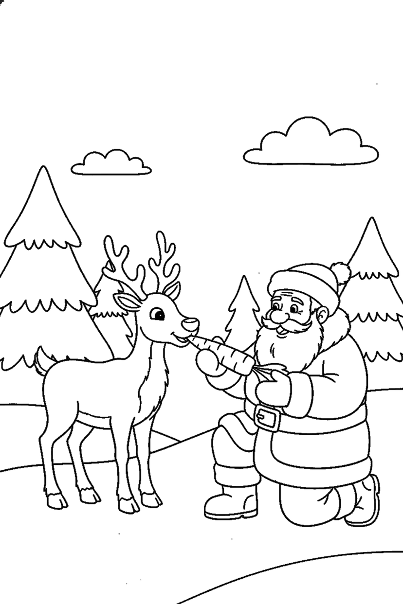 Coloriage à imprimer : Père Noël qui donne une carotte au renne