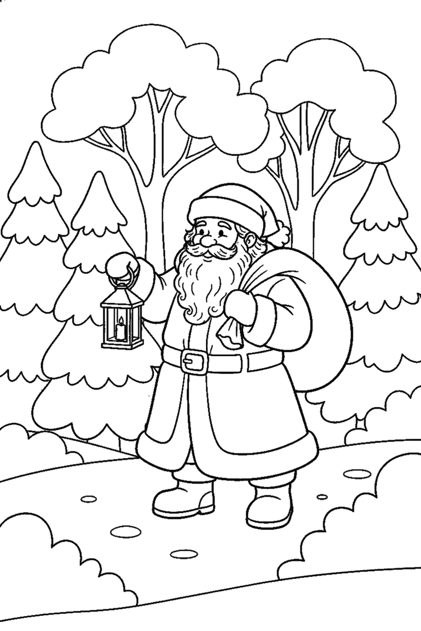Coloriage à imprimer : Père Noël et sa lanterne dans la forêt
