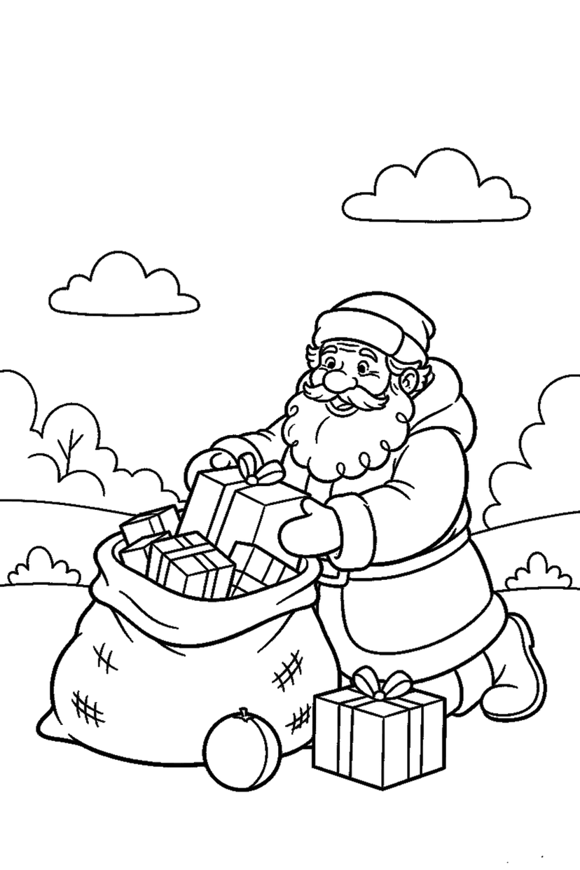 Coloriage à imprimer : Père Noël qui remplit sa hotte