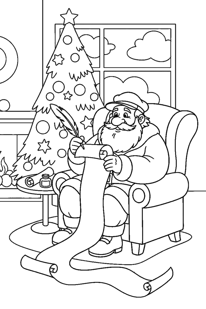 Coloriage à imprimer : Père Noël qui lit sa longue liste