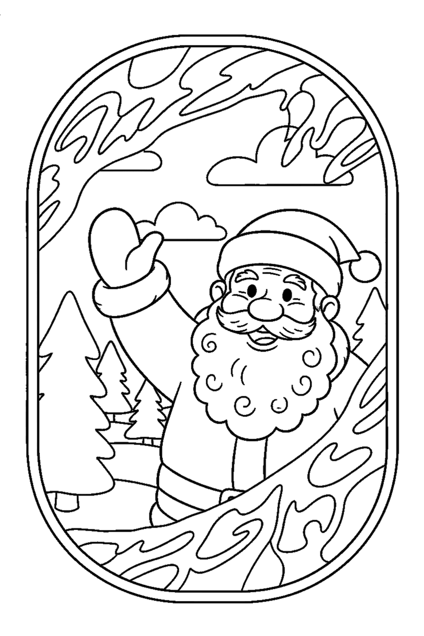 Coloriage à imprimer : Père Noël derrière une fenêtre givrée