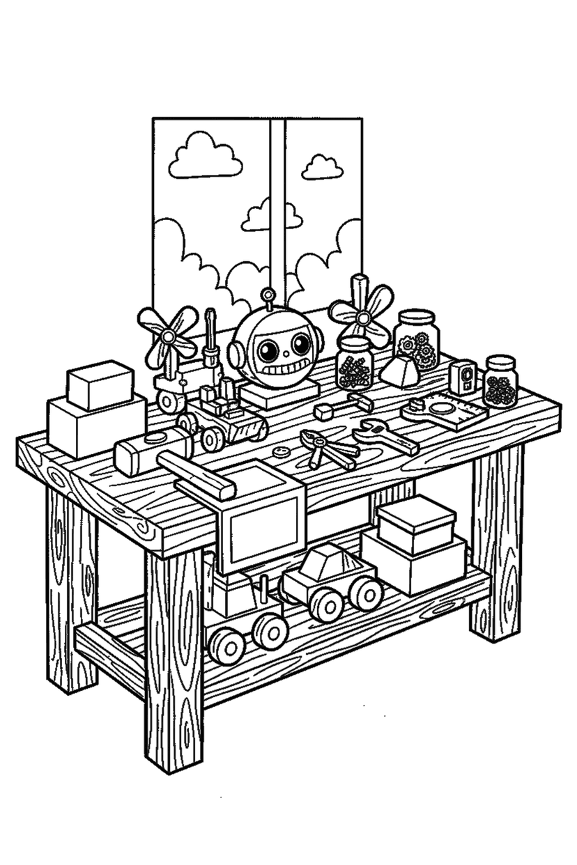 Coloriage à imprimer : Établi de l'atelier des jouets