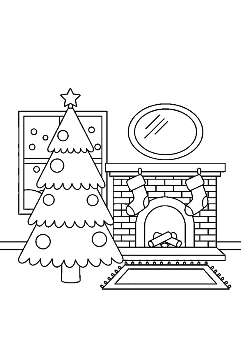 Coloriage à imprimer : Sapin près de la cheminée