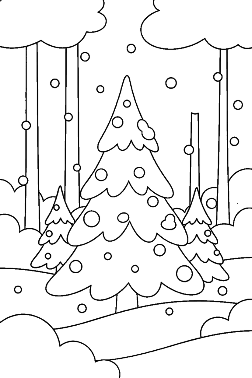Coloriage à imprimer : Sapin dans la forêt enneigée