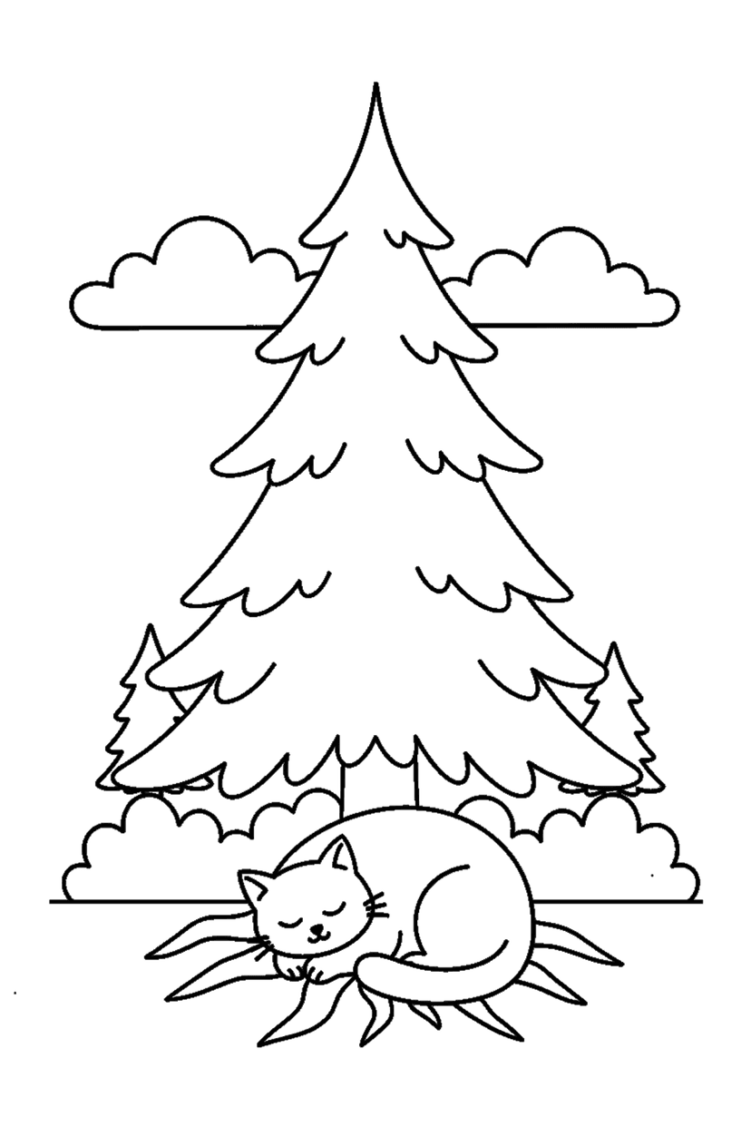 Coloriage à imprimer : Sapin et chat endormi