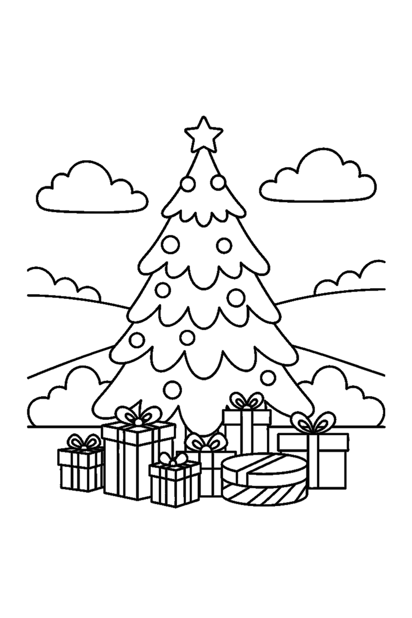 Coloriage à imprimer : Sapin et cadeaux au pied