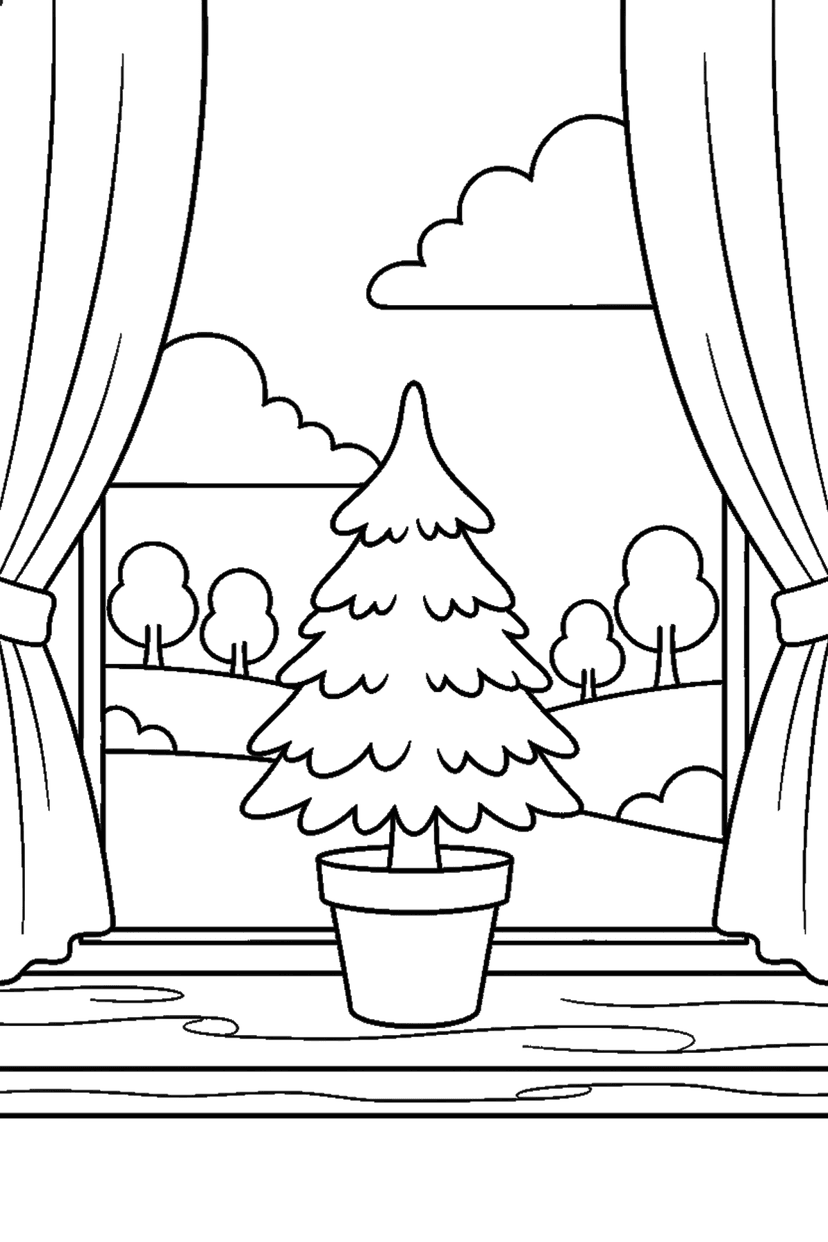 Coloriage à imprimer : Petit sapin en pot sur la fenêtre