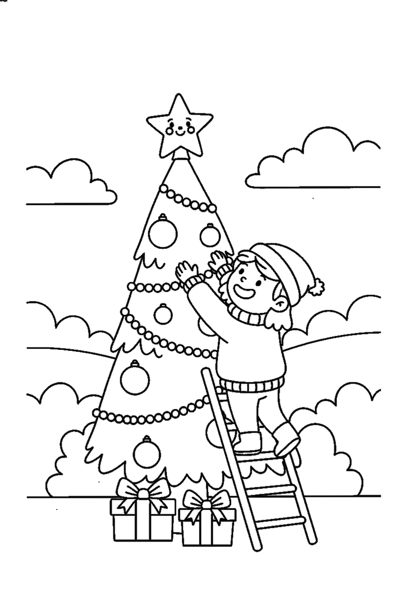 Coloriage à imprimer : Étoile posée en haut du sapin