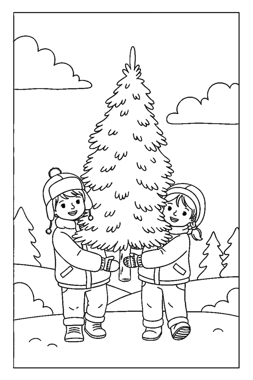 Coloriage à imprimer : Enfants qui rapportent le sapin